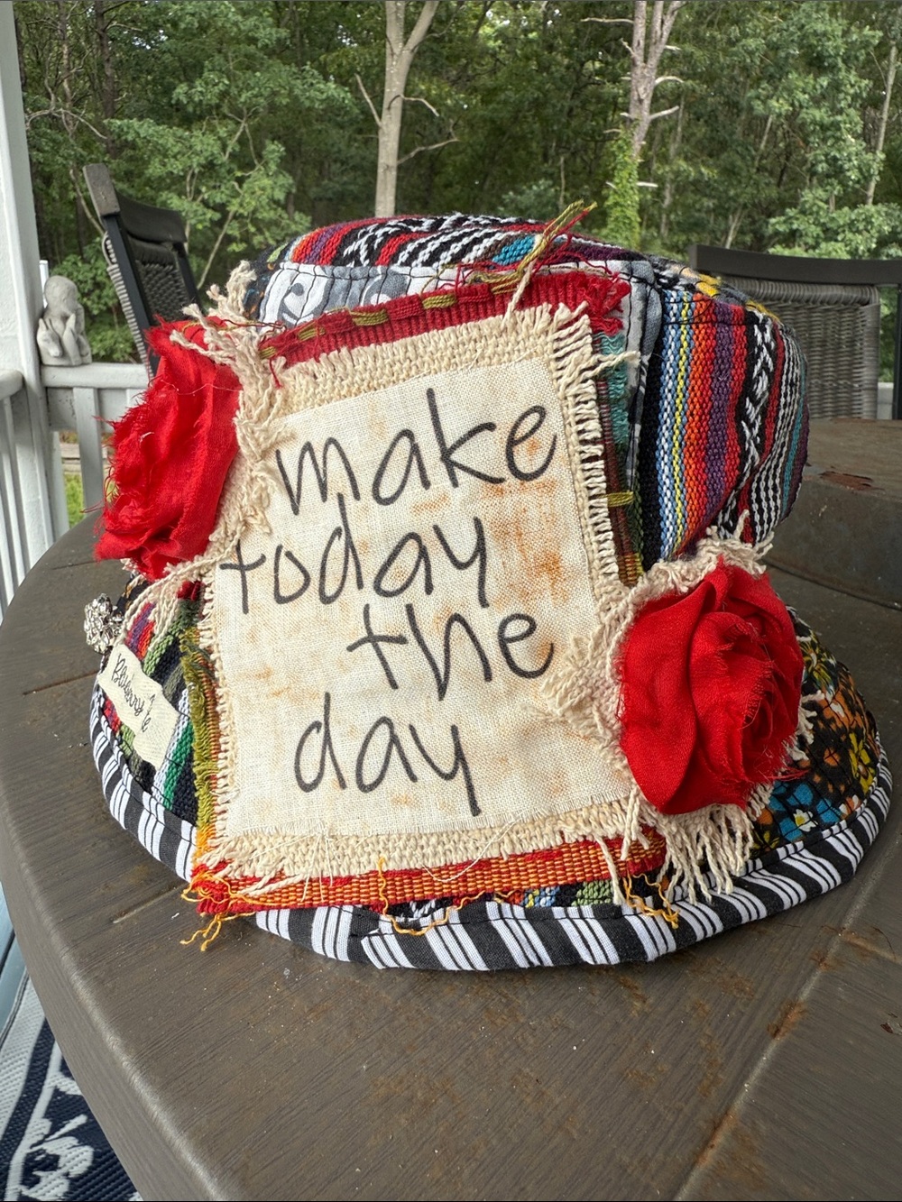 Patchwork Bucket Hat handmade 'Make Today the Day' Canvas Patch upcycled